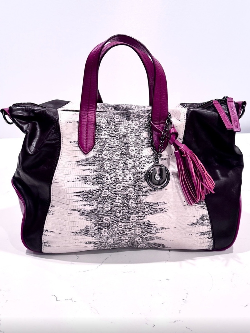 Charles Jourdan Black, White & Burgundy Leather Satchel